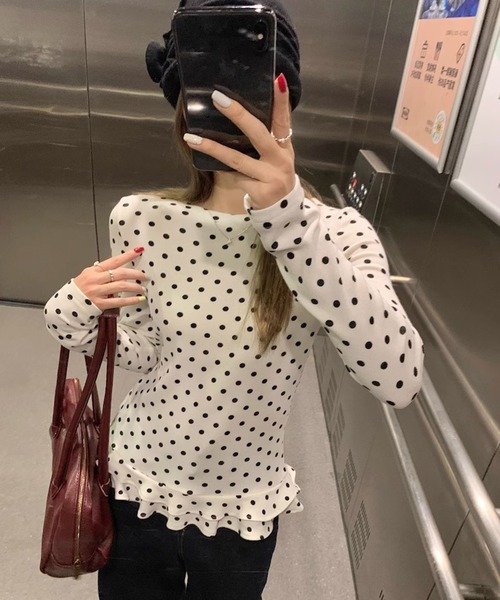 shyam inspiration(シャムインスピレーション)の「人気につき再登場!/ドット柄 フリルタイトロングTシャツ/ロンT/長袖/レイヤード(Tシャツ/カットソー・レディース・ホワイト・L/M)」の14枚目の写真