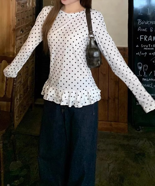 shyam inspiration(シャムインスピレーション)の「人気につき再登場!/ドット柄 フリルタイトロングTシャツ/ロンT/長袖/レイヤード(Tシャツ/カットソー・レディース・ホワイト・L/M)」の21枚目の写真