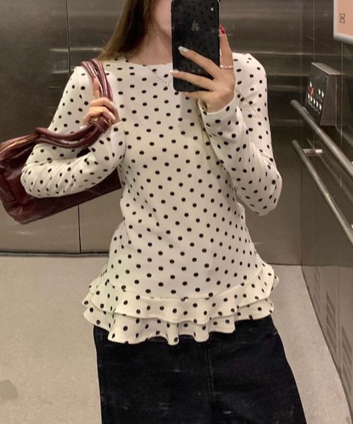 shyam inspiration(シャムインスピレーション)の「人気につき再登場!/ドット柄 フリルタイトロングTシャツ/ロンT/長袖/レイヤード(Tシャツ/カットソー・レディース・ホワイト・L/M)」の17枚目の写真