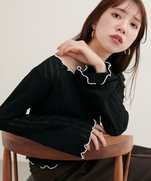 natural couture（ナチュラルクチュール）の「【WEB限定】透かしカットソー配色TOPS（Tシャツ/カットソー・レディース・ブラウン/レッド系その他/アイボリー/ブラック・FREE）」の3枚目の写真