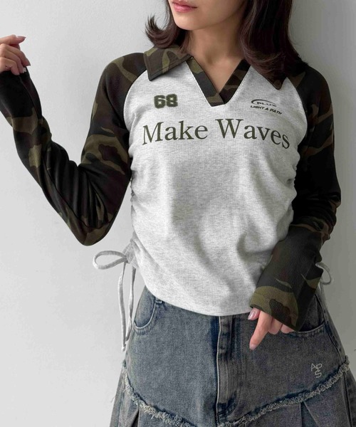 AS KNOW AS plus(アズノゥアズプラス)の「♪V衿ネック サイドリボン ロゴプルオーバー(Tシャツ/カットソー・レディース・ブラウン系/ブラック系/ネイビー系/カーキ系/ネイビー系1/ブラウン系1/グリーン系1・FREE)」の5枚目の写真