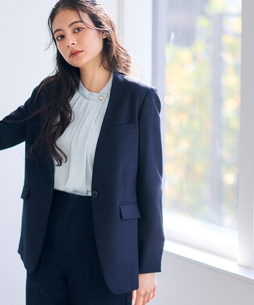 12Twelve Agenda（トゥエルブ　アジェンダ）の「マシーンウォッシャブルカラーレスジャケット（ノーカラージャケット・レディース・ネイビー/ブラウン・M）」の14枚目の写真