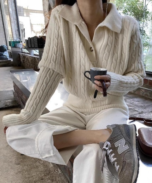 FREE STYLISTS(フリー スタイリスト)の「YUGA_YGMC Polo cable knit top(ニット/セーター・レディース・ネイビー/オフホワイト・FREE)」の1枚目の写真