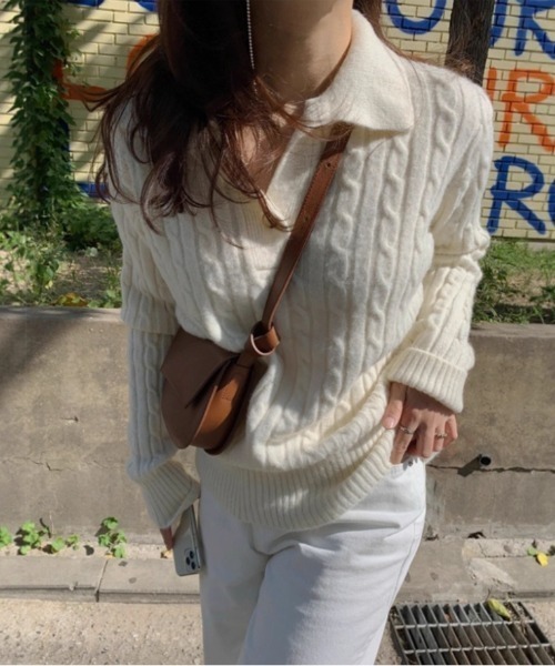 FREE STYLISTS(フリー スタイリスト)の「YUGA_YGMC Polo cable knit top(ニット/セーター・レディース・ネイビー/オフホワイト・FREE)」の4枚目の写真