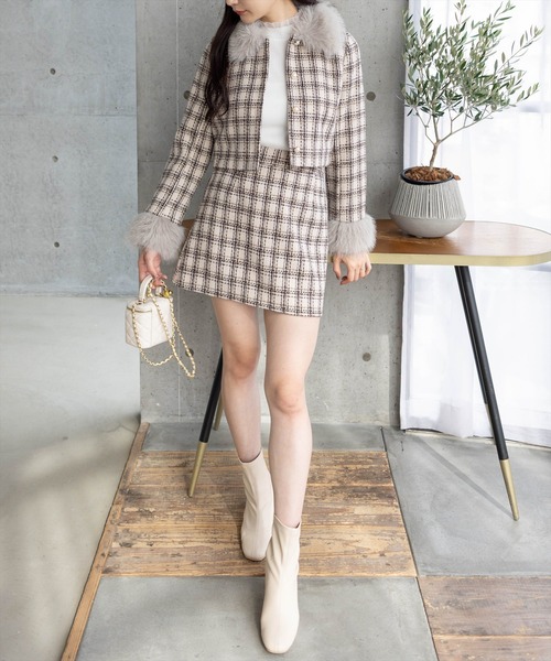 セール】ファー付きツイードジャケット(セット可)[大人 フェミニン