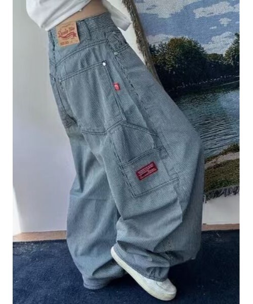 I.O.E(アイオイ)の「オーバーワイドストライプコットンパンツ(チノパンツ・レディース・ブルー・M/S)」の1枚目の写真