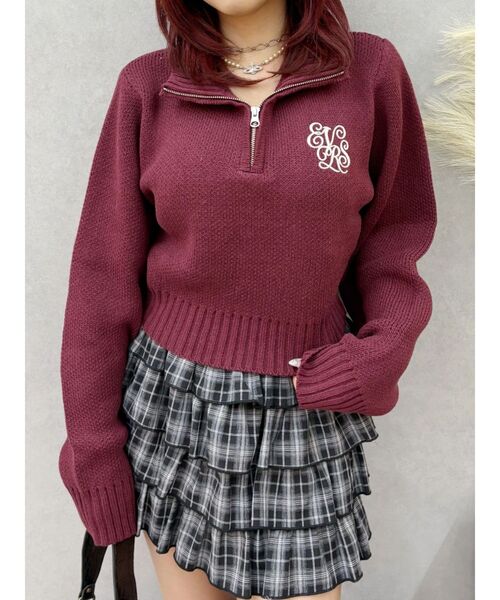 EVRIS（エヴリス）の「ワンポイントハーフジップショートニットトップス（ニット/セーター・レディース・アイボリー/ブラウン/ボルドー/グレー/ブラック・FREE）」の21枚目の写真