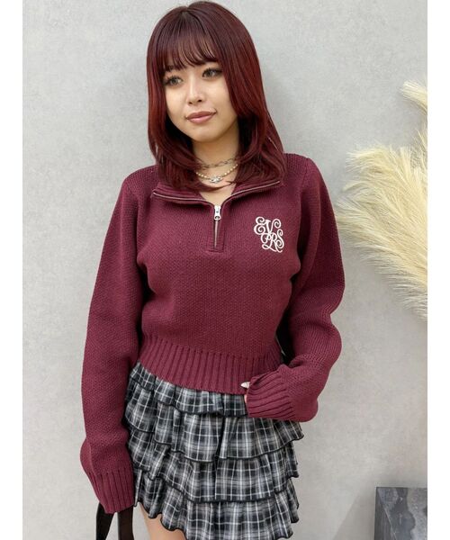EVRIS（エヴリス）の「ワンポイントハーフジップショートニットトップス（ニット/セーター・レディース・アイボリー/ブラウン/ボルドー/グレー/ブラック・FREE）」の20枚目の写真