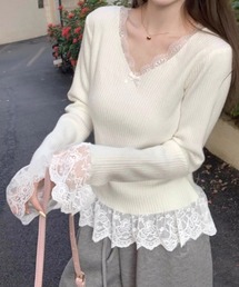 ニットトップス レース切替え Vネック服