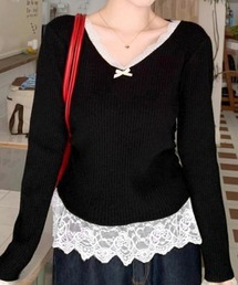 ニットトップス レース切替え Vネック服
