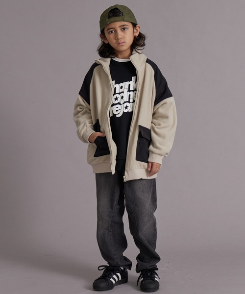 PAIRMANON STREET（ペアマノンストリート）の「フリース ラグラン切替 ジップトップス【PAIRMANON STREET】（ブルゾン・キッズ・アイボリー/ブラック/オレンジ・100/110/120/130/140/150/160/90）」の6枚目の写真