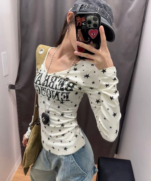 HALEY PESCA（ヘーリーペスカ）の「HALEY PESCA/ロゴプリント　Vネック　スタードットカットソー（Tシャツ/カットソー・レディース・ホワイト/グレー・SMALL/MEDIUM）」の6枚目の写真