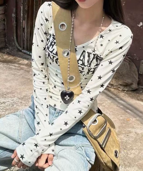 HALEY PESCA（ヘーリーペスカ）の「HALEY PESCA/ロゴプリント　Vネック　スタードットカットソー（Tシャツ/カットソー・レディース・ホワイト/グレー・SMALL/MEDIUM）」の7枚目の写真