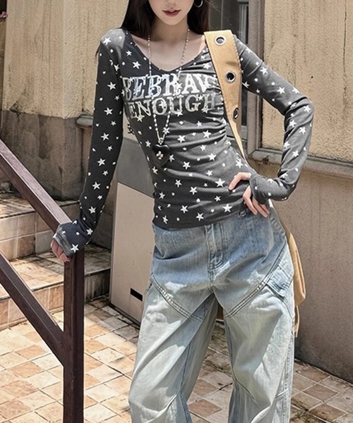 HALEY PESCA（ヘーリーペスカ）の「HALEY PESCA/ロゴプリント　Vネック　スタードットカットソー（Tシャツ/カットソー・レディース・ホワイト/グレー・SMALL/MEDIUM）」の12枚目の写真