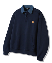 Leather Patch Denim Collar Rugby Man-to-Man_Navy