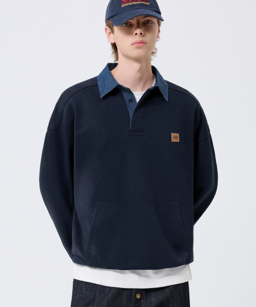 TRILLION(トリリオン)の「Leather Patch Denim Collar Rugby Man-to-Man_Navy(スウェット・レディース・その他・X-LARGE/LARGE/MEDIUM)」の2枚目の写真