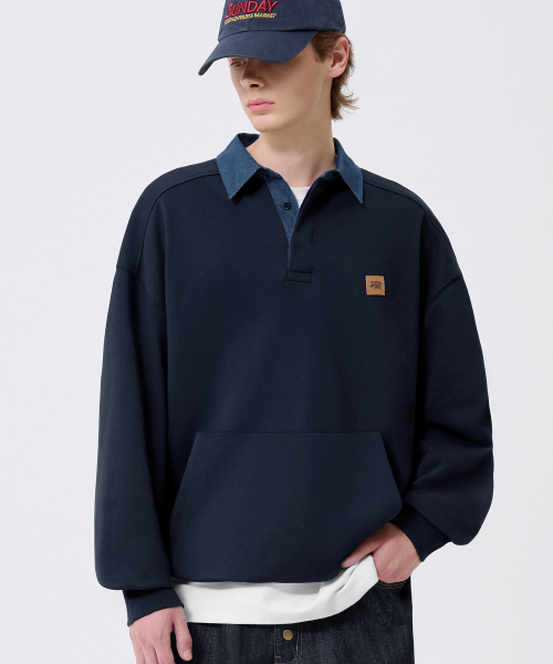 TRILLION(トリリオン)の「Leather Patch Denim Collar Rugby Man-to-Man_Navy(スウェット・レディース・その他・X-LARGE/LARGE/MEDIUM)」の3枚目の写真