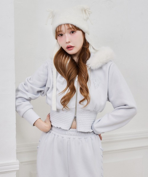 セール】セットアップ対応可/ファー付きウエストシャーリングパーカー