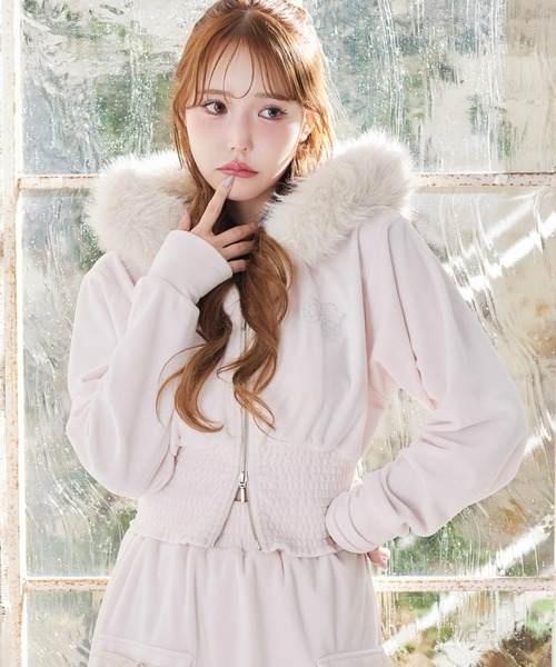 セール】セットアップ対応可/ファー付きウエストシャーリングパーカー