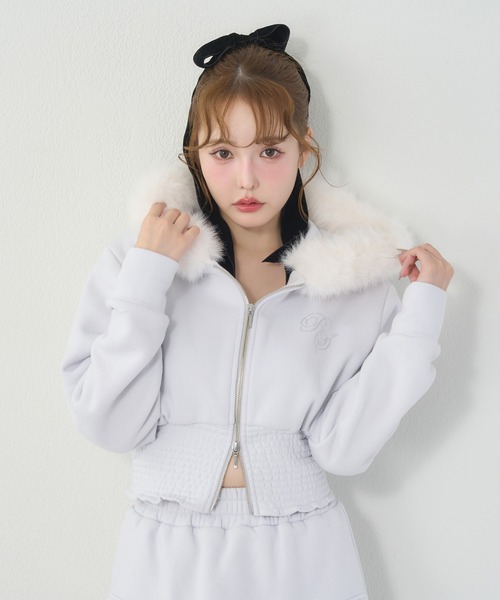 セール】セットアップ対応可/ファー付きウエストシャーリングパーカー