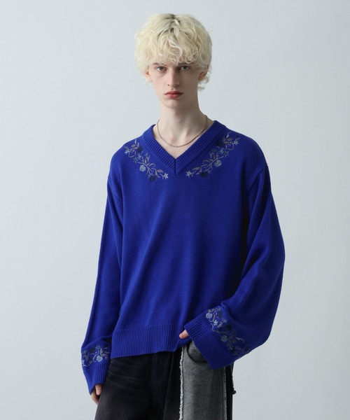 HARE（ハレ）の「シシュウVネックニットプルオーバー(HARE)（ニット/セーター・メンズ・グレー/ブルー/ブラック・FREE）」の4枚目の写真