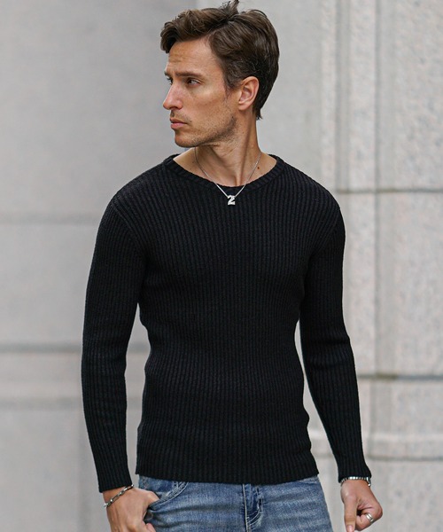 SOMEDIFF（サムディフ）の「2重臼カットソー メンズ ニット ニットソー クルーネック Vネック ストレッチ 細身 スリム タイト 春服 冬服（ニット/セーター・メンズ・ブルー系その他/ライトグレー/グレー系その他/ブラック/ブルー/ブラック系その他・M/L/XL）」の3枚目の写真