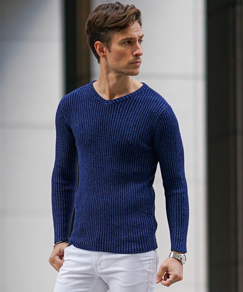 SOMEDIFF（サムディフ）の「2重臼カットソー メンズ ニット ニットソー クルーネック Vネック ストレッチ 細身 スリム タイト 春服 冬服（ニット/セーター・メンズ・ブルー系その他/ライトグレー/グレー系その他/ブラック/ブルー/ブラック系その他・M/L/XL）」の6枚目の写真