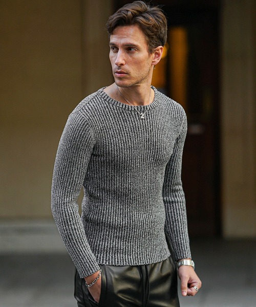 SOMEDIFF（サムディフ）の「2重臼カットソー メンズ ニット ニットソー クルーネック Vネック ストレッチ 細身 スリム タイト 春服 冬服（ニット/セーター・メンズ・ブルー系その他/ライトグレー/グレー系その他/ブラック/ブルー/ブラック系その他・M/L/XL）」の4枚目の写真