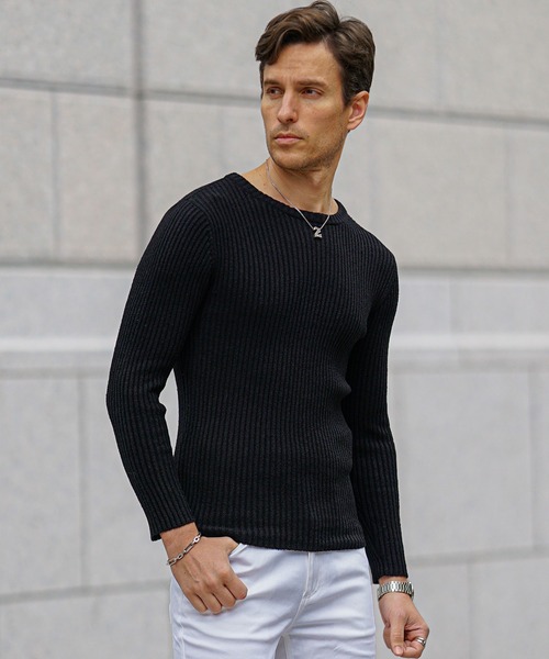 SOMEDIFF（サムディフ）の「2重臼カットソー メンズ ニット ニットソー クルーネック Vネック ストレッチ 細身 スリム タイト 春服 冬服（ニット/セーター・メンズ・ブルー系その他/ライトグレー/グレー系その他/ブラック/ブルー/ブラック系その他・M/L/XL）」の2枚目の写真