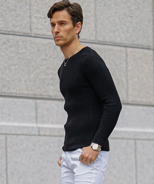 SOMEDIFF（サムディフ）の「2重臼カットソー メンズ ニット ニットソー クルーネック Vネック ストレッチ 細身 スリム タイト 春服 冬服（ニット/セーター・メンズ・ブルー系その他/ライトグレー/グレー系その他/ブラック/ブルー/ブラック系その他・M/L/XL）」の8枚目の写真