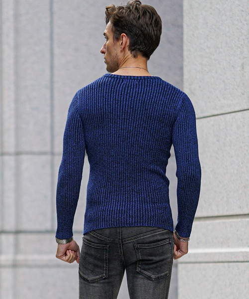 SOMEDIFF（サムディフ）の「2重臼カットソー メンズ ニット ニットソー クルーネック Vネック ストレッチ 細身 スリム タイト 春服 冬服（ニット/セーター・メンズ・ブルー系その他/ライトグレー/グレー系その他/ブラック/ブルー/ブラック系その他・M/L/XL）」の13枚目の写真