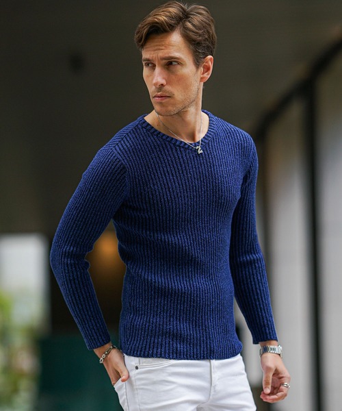 SOMEDIFF（サムディフ）の「2重臼カットソー メンズ ニット ニットソー クルーネック Vネック ストレッチ 細身 スリム タイト 春服 冬服（ニット/セーター・メンズ・ブルー系その他/ライトグレー/グレー系その他/ブラック/ブルー/ブラック系その他・M/L/XL）」の22枚目の写真