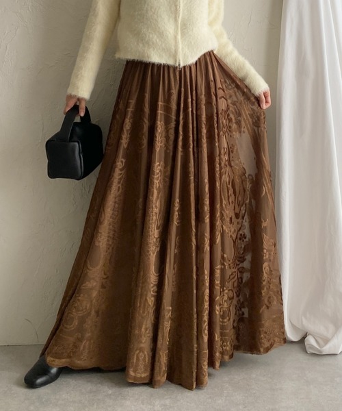 セール】ベロアフロッキーロング丈ジャガードチュールフレアスカート