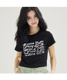 ウェーブレタリングクロップスリム半袖Tシャツブラック