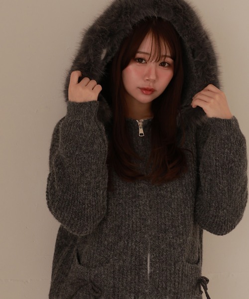 ニットスプライシングファーコットンジャケット fur ribbon solina knit jacket/ファーリボンソリナニットジャケット