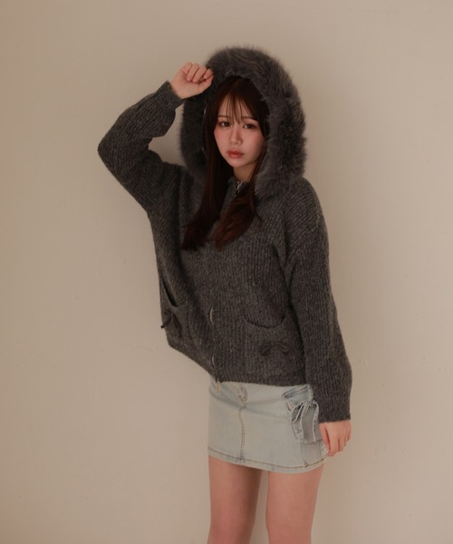 fur ribbon solina knit jacket/ファーリボンソリナニットジャケット