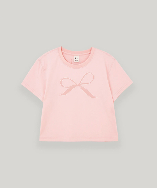 UBEIGE(ユーベイジ)の「リボンセミクロップ半袖Tシャツ(ピンク)(Tシャツ/カットソー・レディース・その他・FREE)」の1枚目の写真