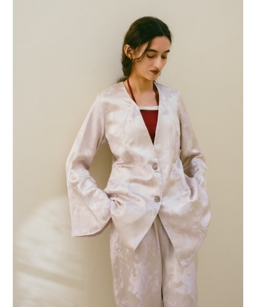 sahara（サハラ）の「Satin Jacquard Jacket/サテンジャガードジャケット（ノーカラージャケット・レディース・ライトブルー/パープル・FREE）」の3枚目の写真