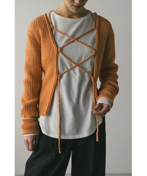 STYLEMIXER(スタイルミキサー)の「レースアップリブニットトップ(ニット/セーター・レディース・オレンジ/アイボリー/ブラック・FREE)」の3枚目の写真