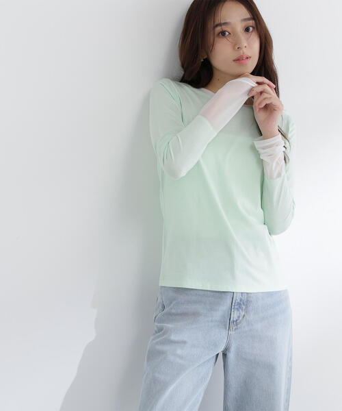 NATURAL BEAUTY BASIC（ナチュラルビューティーベーシック）の「◇シアーカフスカットソー（Tシャツ/カットソー・レディース・オフホワイト/グリーン系その他3/ブラック・FREE）」の22枚目の写真