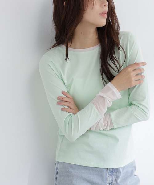 NATURAL BEAUTY BASIC（ナチュラルビューティーベーシック）の「◇シアーカフスカットソー（Tシャツ/カットソー・レディース・オフホワイト/グリーン系その他3/ブラック・FREE）」の3枚目の写真