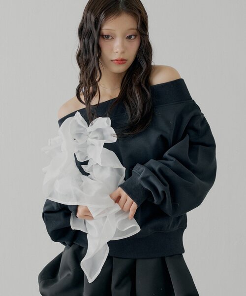 Chico（チコ）の「【SALON by Chico】ランダムチュールデザインオフショルスウェット（Tシャツ/カットソー・レディース・オートミール/ミント/ネイビー・FREE）」の14枚目の写真