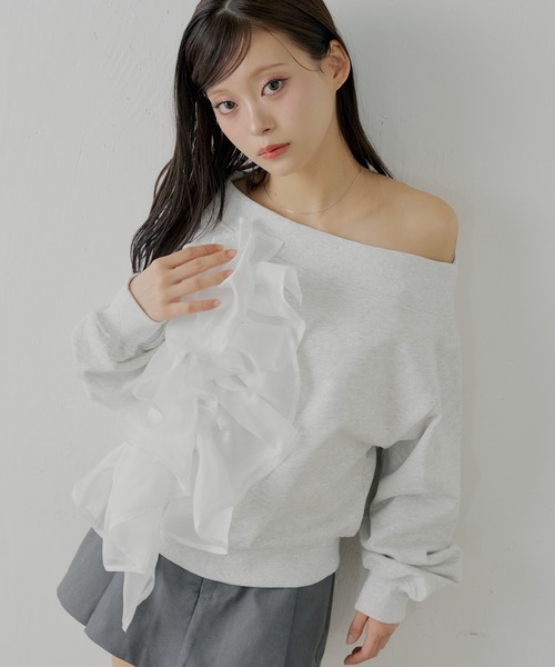 Chico（チコ）の「【SALON by Chico】ランダムチュールデザインオフショルスウェット（Tシャツ/カットソー・レディース・オートミール/ミント/ネイビー・FREE）」の2枚目の写真