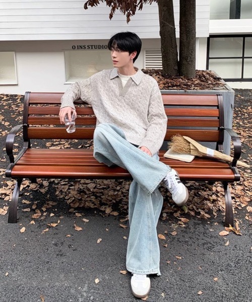 NOWLE(ノウル)の「【NOWLE】ケーブル編み フェイクレイヤード スキッパーニット(ニット/セーター・メンズ・ライトベージュ/ライトブルー/ライトグレー・MEDIUM/LARGE)」の12枚目の写真