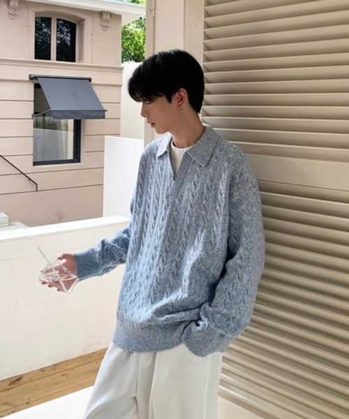 NOWLE(ノウル)の「【NOWLE】ケーブル編み フェイクレイヤード スキッパーニット(ニット/セーター・メンズ・ライトベージュ/ライトブルー/ライトグレー・MEDIUM/LARGE)」の14枚目の写真