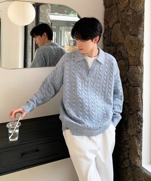 NOWLE(ノウル)の「【NOWLE】ケーブル編み フェイクレイヤード スキッパーニット(ニット/セーター・メンズ・ライトベージュ/ライトブルー/ライトグレー・MEDIUM/LARGE)」の15枚目の写真