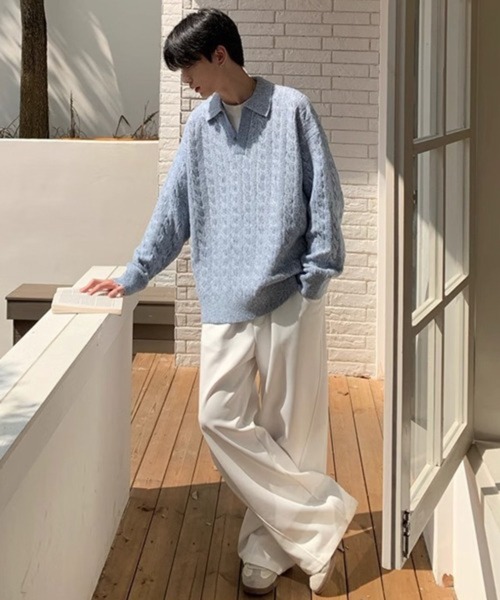 NOWLE(ノウル)の「【NOWLE】ケーブル編み フェイクレイヤード スキッパーニット(ニット/セーター・メンズ・ライトベージュ/ライトブルー/ライトグレー・MEDIUM/LARGE)」の16枚目の写真