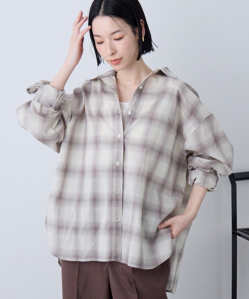 Aunely（オーネリー）の「【Aunely】洗練シアー チェックシャツ / マシンウォッシャブル＜YOSOOIシリーズ＞（シャツ/ブラウス・レディース・ブラウン/ベージュ/ネイビー/アイボリー/ブラック/ライトブルー・M/L）」の4枚目の写真