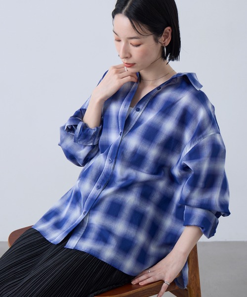 Aunely（オーネリー）の「【Aunely】洗練シアー チェックシャツ / マシンウォッシャブル＜YOSOOIシリーズ＞（シャツ/ブラウス・レディース・ブラウン/ベージュ/ネイビー/アイボリー/ブラック/ライトブルー・M/L）」の6枚目の写真