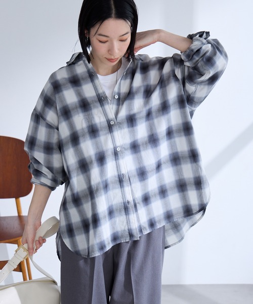 Aunely（オーネリー）の「【Aunely】洗練シアー チェックシャツ / マシンウォッシャブル＜YOSOOIシリーズ＞（シャツ/ブラウス・レディース・ブラウン/ベージュ/ネイビー/アイボリー/ブラック/ライトブルー・M/L）」の22枚目の写真